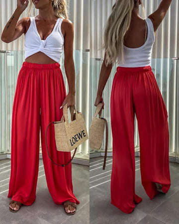 Ruched Elastic Waist Wide Leg Casual Pants